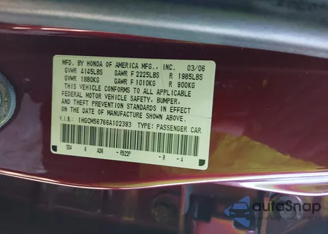 2006 Honda Accord 2.4 Ex из США, поврежденный, VIN 1HGCM56766A102393